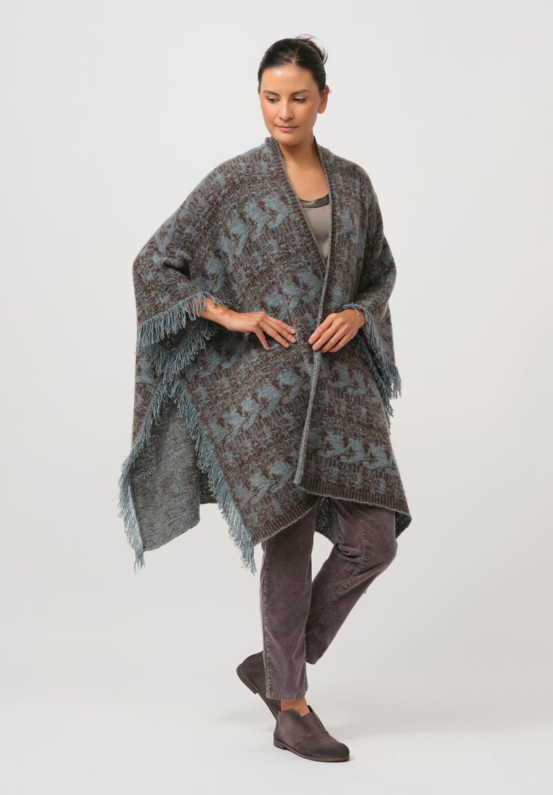 Lainey Keogh Cashmere Poncho Cardigan Cape in Soft Blue & Chestnut Brown	