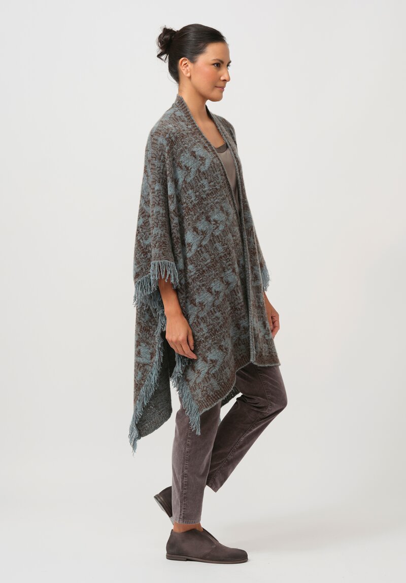 Lainey Keogh Cashmere Poncho Cardigan Cape in Soft Blue & Chestnut Brown	