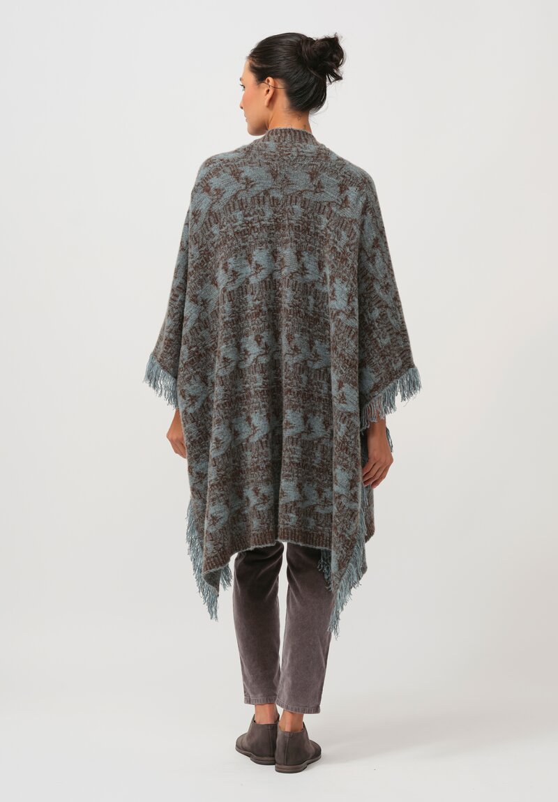 Lainey Keogh Cashmere Poncho Cardigan Cape in Soft Blue & Chestnut Brown	