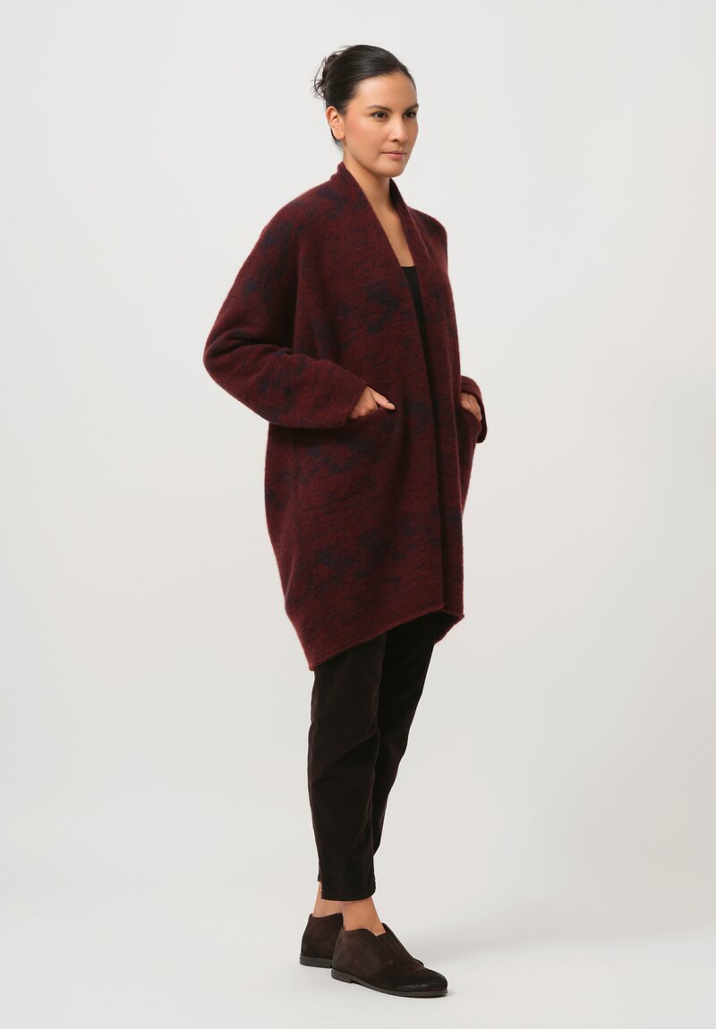 Lainey Keogh Hand-Knit Cashmere Cocoon Rose Coat in Russet Red & Navy Blue	