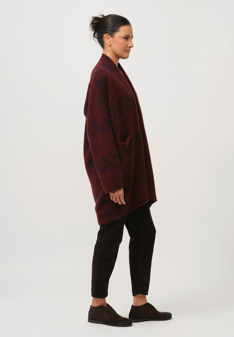 Lainey Keogh Hand-Knit Cashmere Cocoon Rose Coat in Russet Red & Navy Blue	