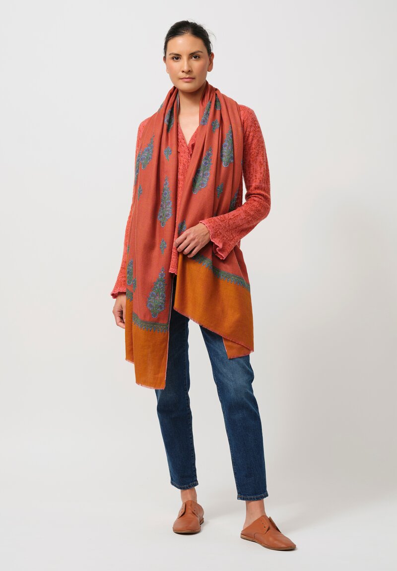 Yaser Shaw Cashmere Handloomed Embroidered Shawl in Houndstooth Red & Gold	