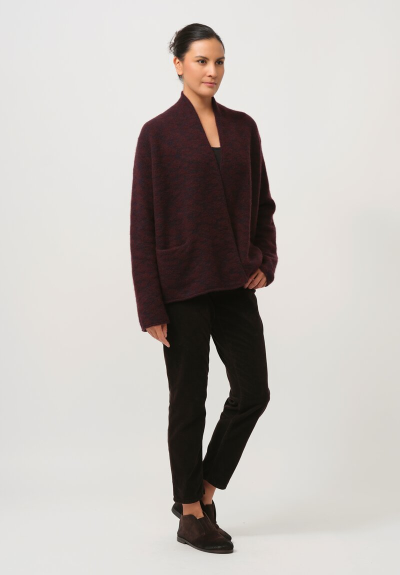 Lainey Keogh Cashmere Roll Neck Long Cardigan in Burgundy & Navy	