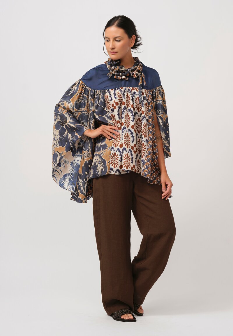 Biyan Silk Jandra Blouse with Embellished Neckline in Navy, Cream & Rust	