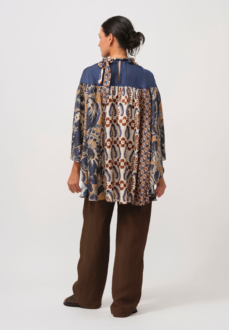 Biyan Silk Jandra Blouse with Embellished Neckline in Navy, Cream & Rust	