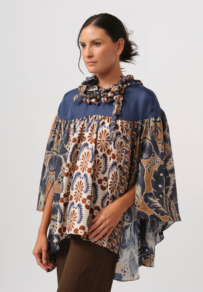 Biyan Silk Jandra Blouse with Embellished Neckline in Navy, Cream & Rust	