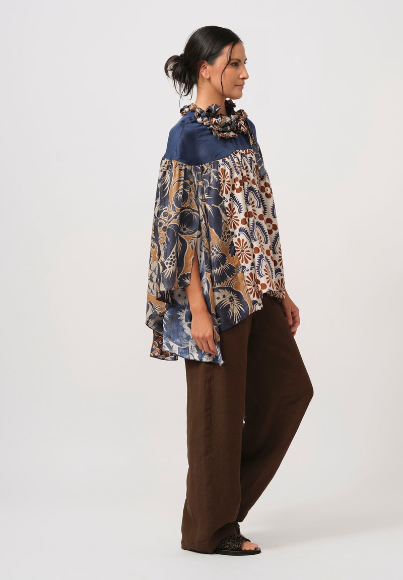  Biyan Silk Jandra Blouse with Embellished Neckline in Navy, Cream & Rust	