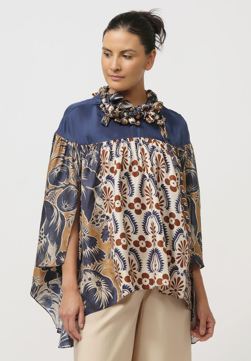 Biyan Silk Jandra Blouse with Embellished Neckline in Navy Blue, Cream & Rust