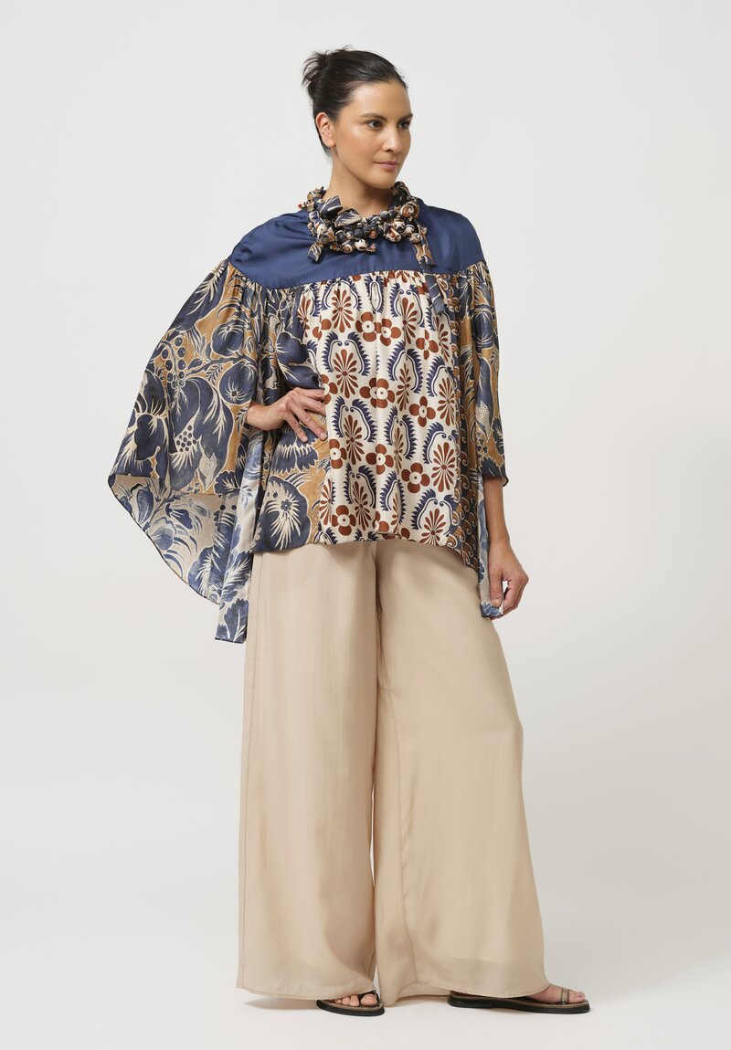 Biyan Silk Jandra Blouse with Embellished Neckline in Navy Blue, Cream & Rust