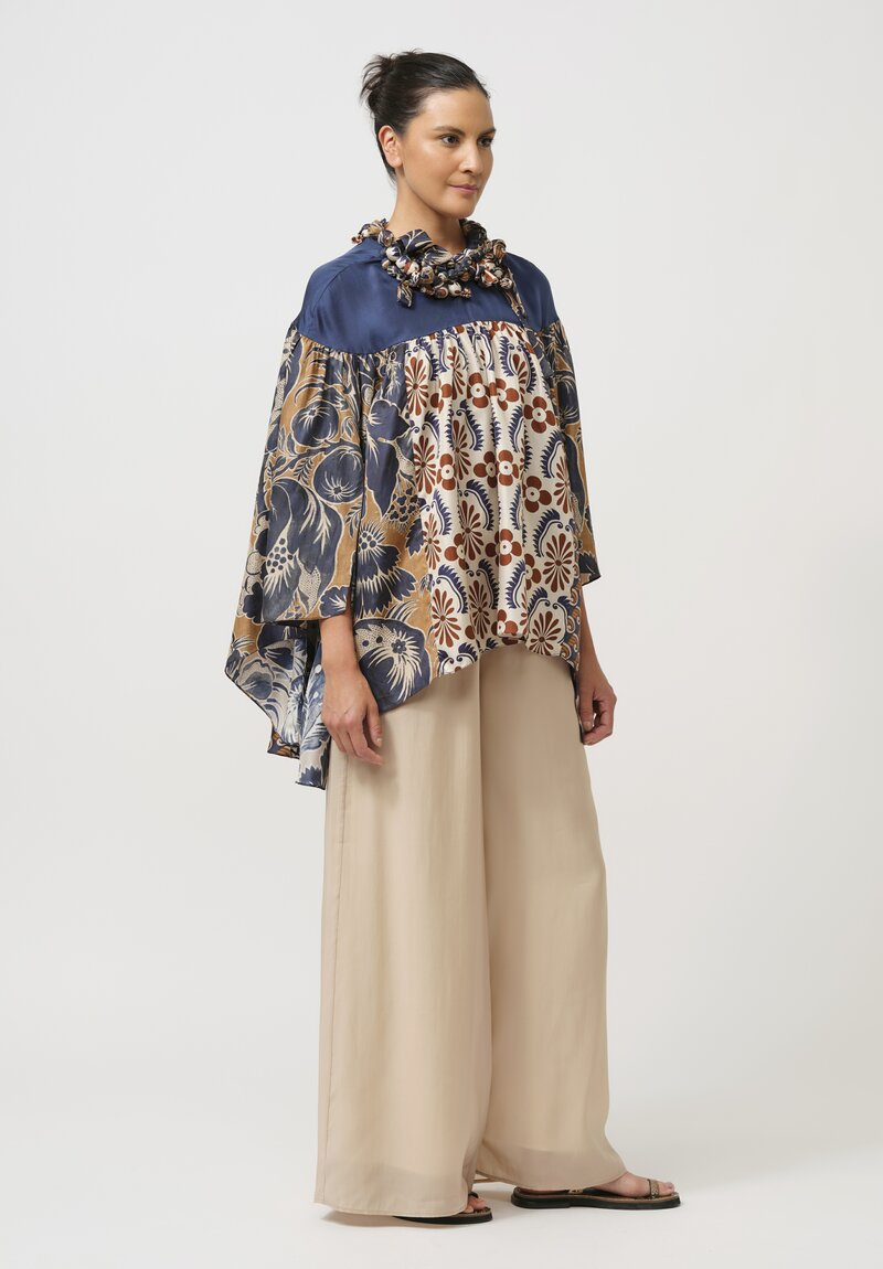 Biyan Silk Jandra Blouse with Embellished Neckline in Navy Blue, Cream & Rust