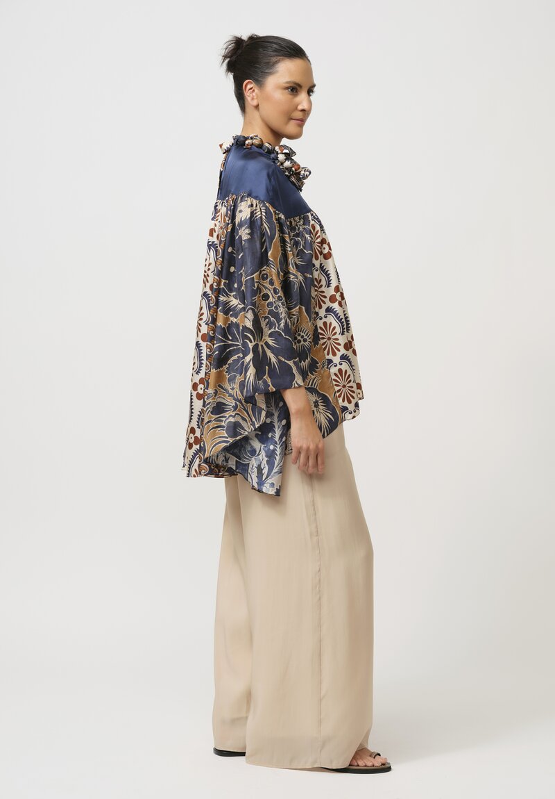 Biyan Silk Jandra Blouse with Embellished Neckline in Navy Blue, Cream & Rust