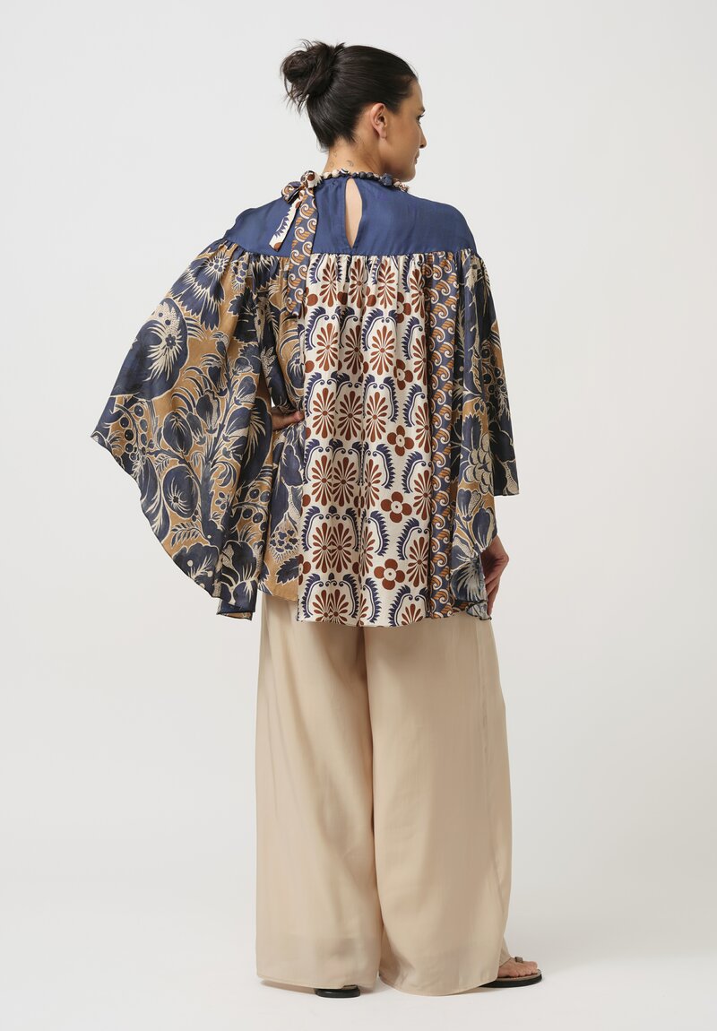 Biyan Silk Jandra Blouse with Embellished Neckline in Navy Blue, Cream & Rust