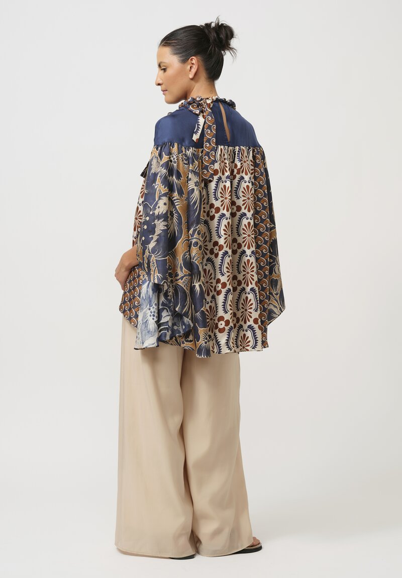 Biyan Silk Jandra Blouse with Embellished Neckline in Navy Blue, Cream & Rust