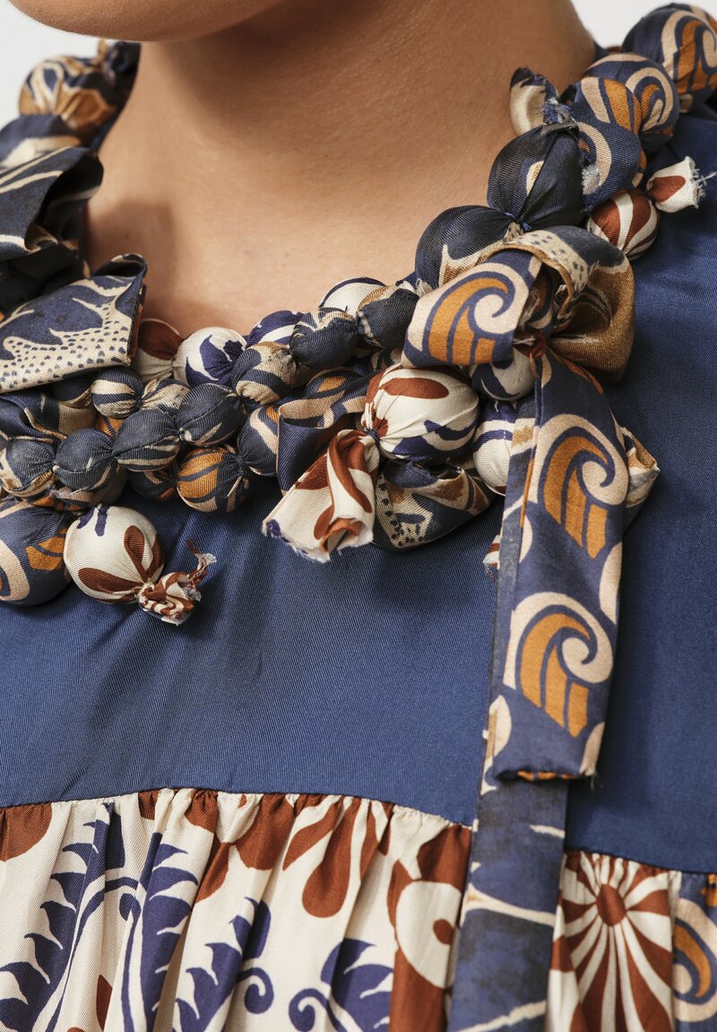 Biyan Silk Jandra Blouse with Embellished Neckline in Navy Blue, Cream & Rust