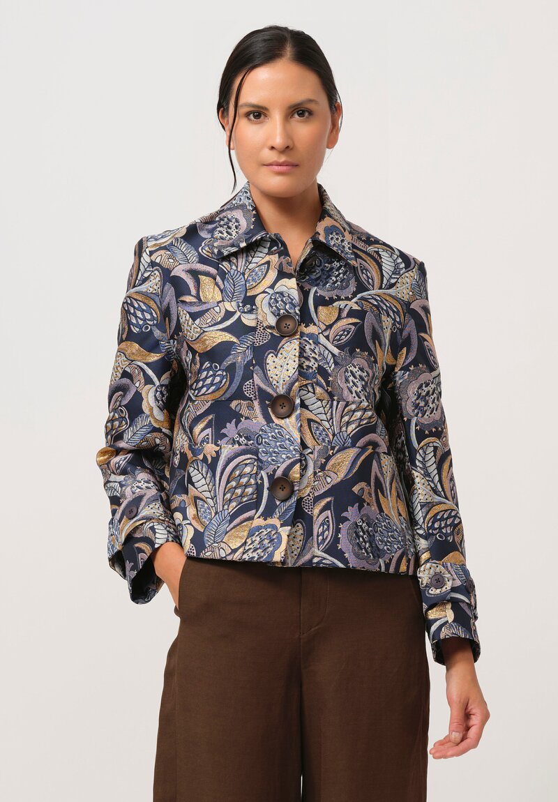 Biyan Calla Jacquard Jacket in Navy Blue & Gold	