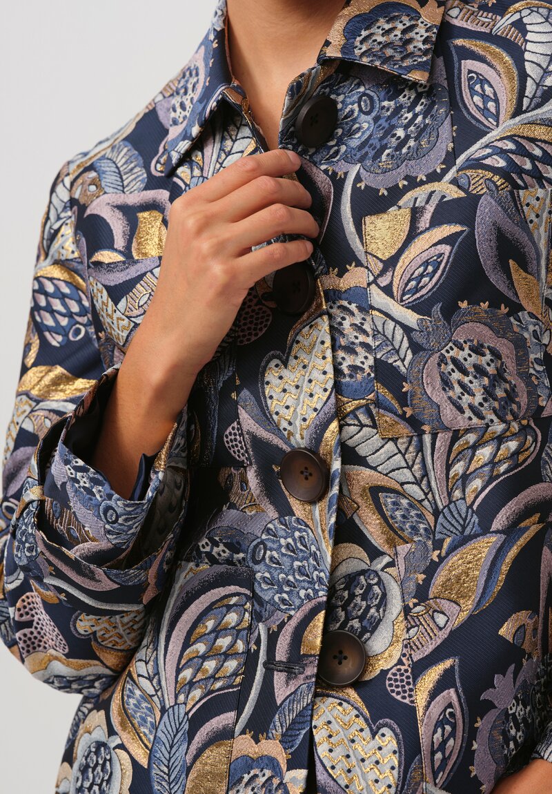 Biyan Calla Jacquard Jacket in Navy Blue & Gold	