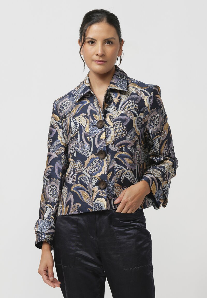 Biyan Calla Jacquard Jacket in Navy Blue & Gold	