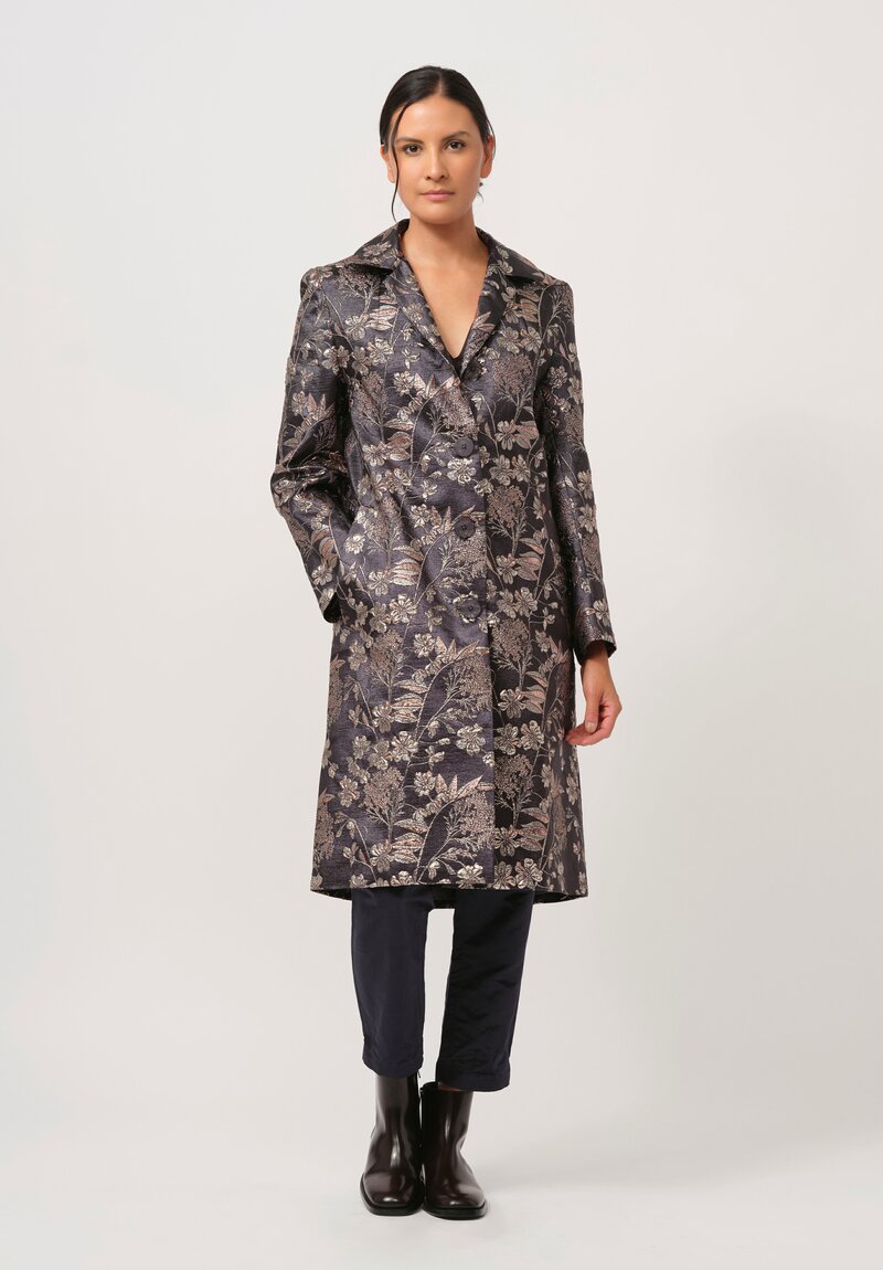 Biyan Hebe Floral Jacquard Coat in Stone Grey & Pink	