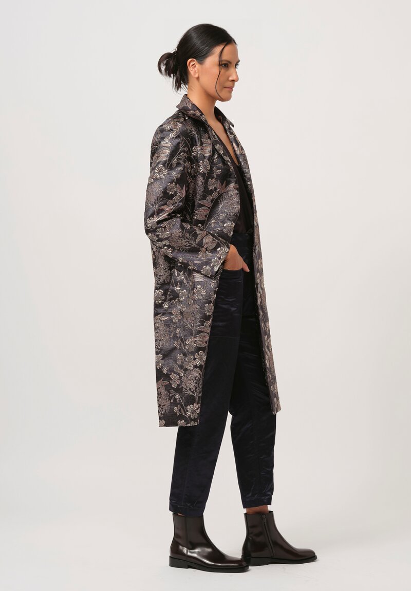 Biyan Hebe Floral Jacquard Coat in Stone Grey & Pink	