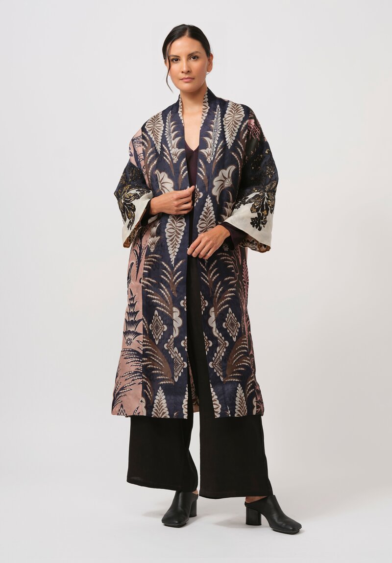 Biyan Silk & Cotton Hiero Kimono Coat in Navy, Green & Cream	