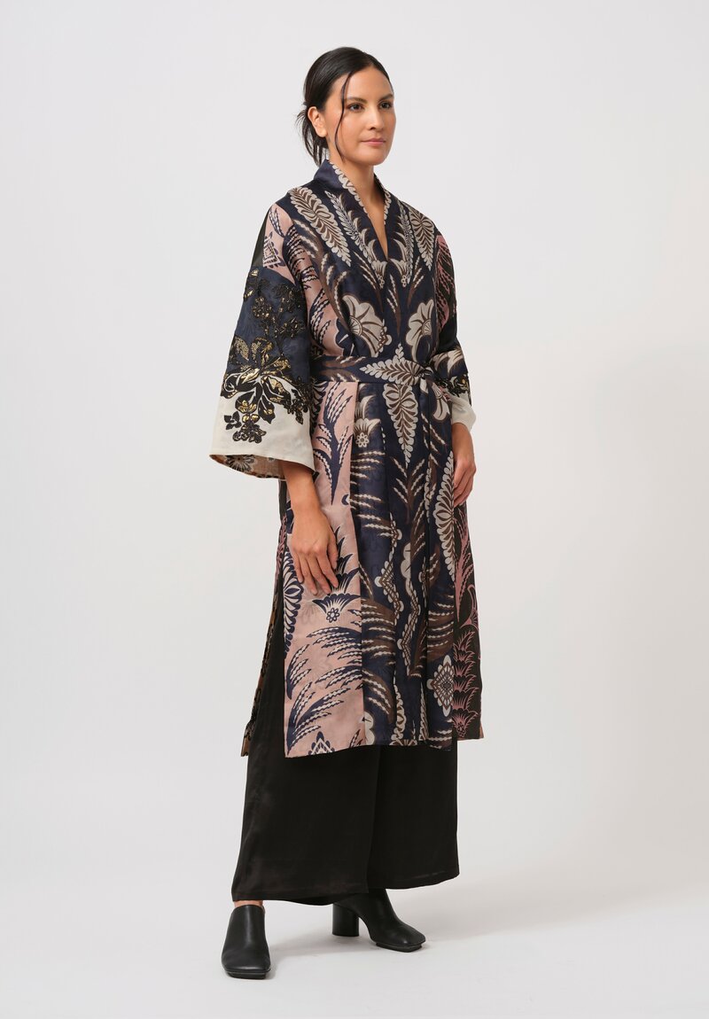 Biyan Silk & Cotton Hiero Kimono Coat in Navy, Green & Cream	