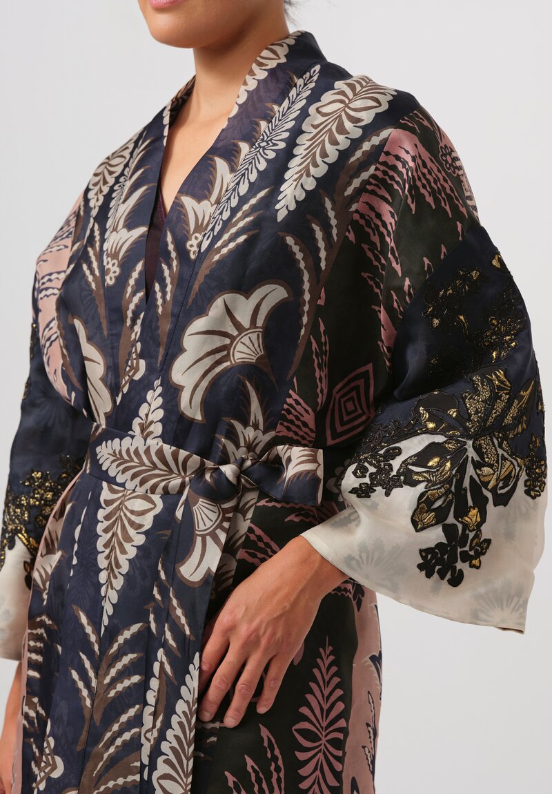 Biyan Silk & Cotton Hiero Kimono Coat in Navy, Green & Cream	