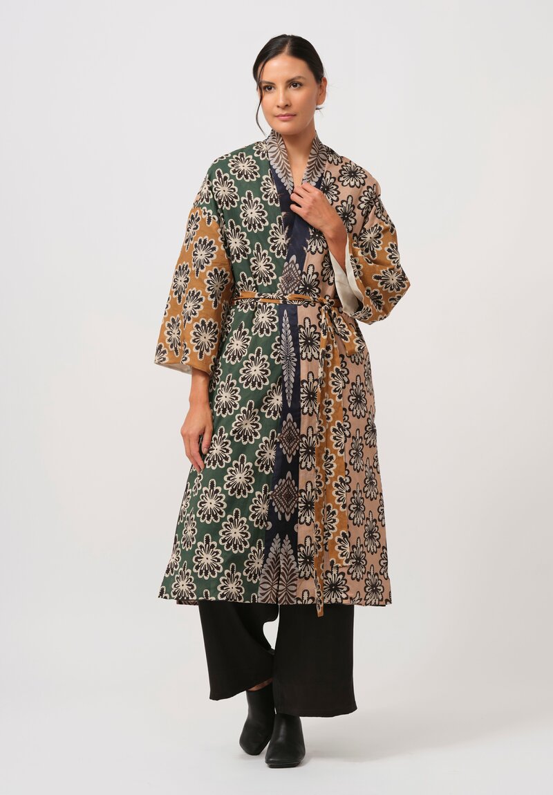 Biyan Silk & Cotton Hiero Kimono Coat in Navy, Green & Cream	