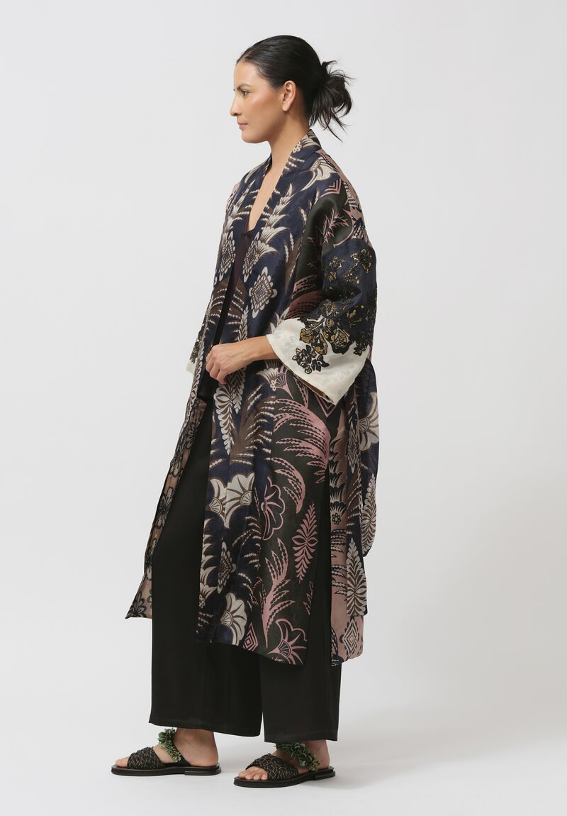 Biyan Silk & Cotton Hiero Kimono Coat in Navy, Green & Cream	