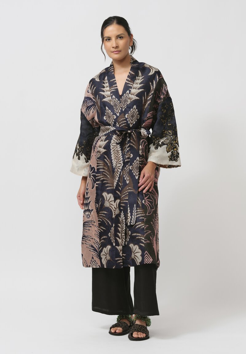 Biyan Silk & Cotton Hiero Kimono Coat in Navy, Green & Cream	