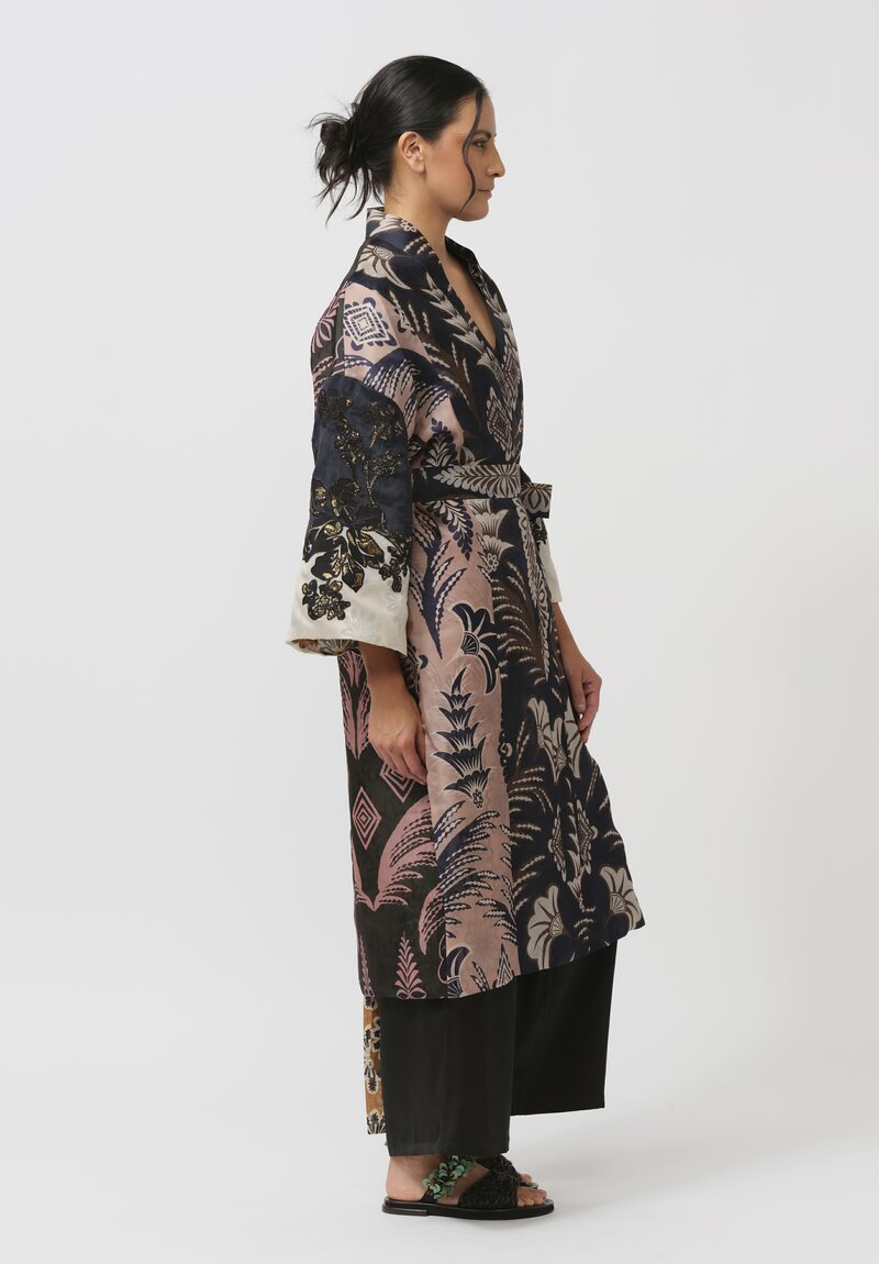 Biyan Silk & Cotton Hiero Kimono Coat in Navy, Green & Cream	