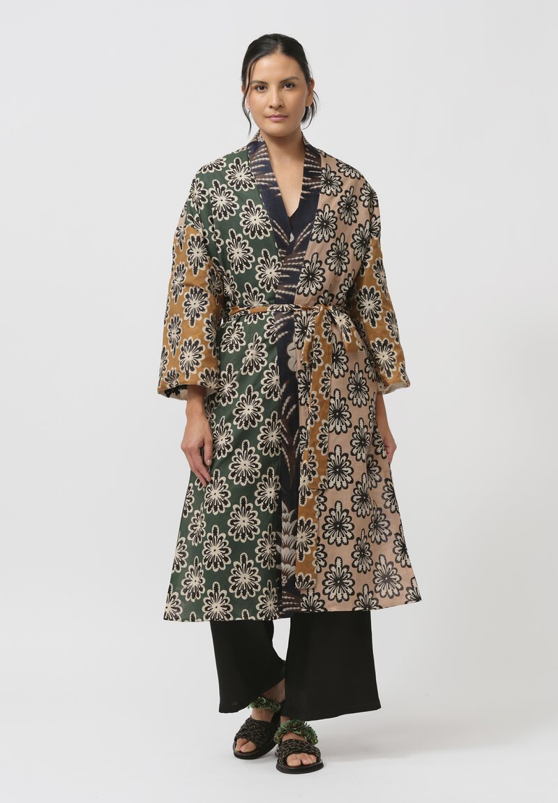 Biyan Silk & Cotton Hiero Kimono Coat in Navy, Green & Cream	