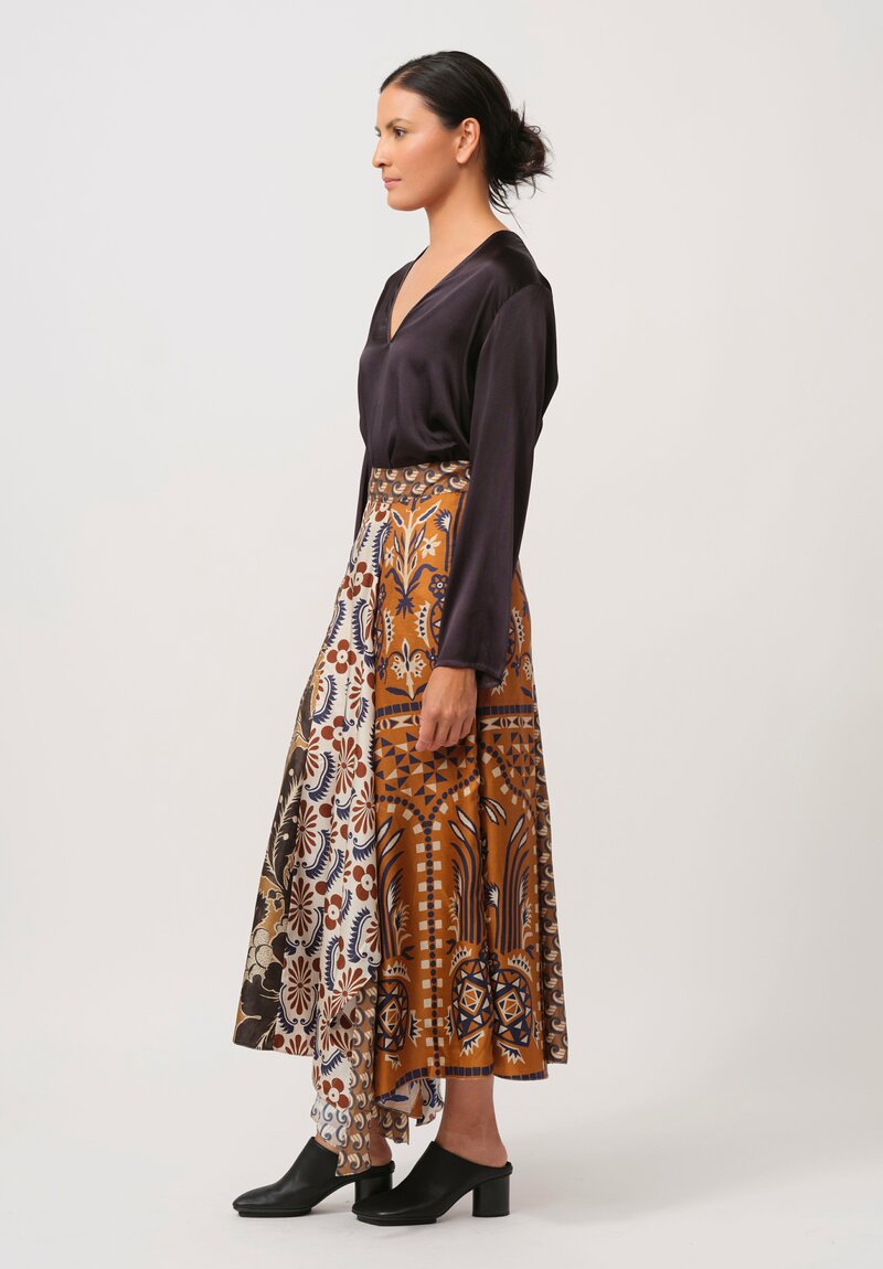 Biyan Silk Nehera Skirt in Navy & Rust