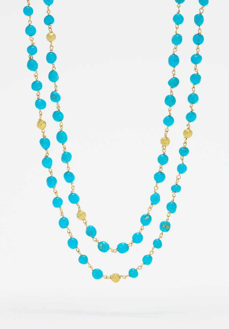 Greig Porter 18K Hammered Gold Beads & Castle Dome Turquoise Long Necklace 