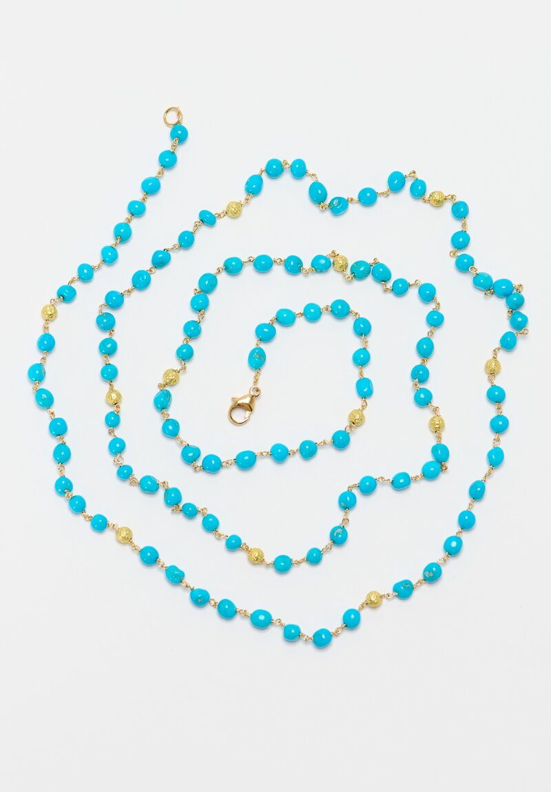 Greig Porter 18K Hammered Gold Beads & Castle Dome Turquoise Long Necklace 