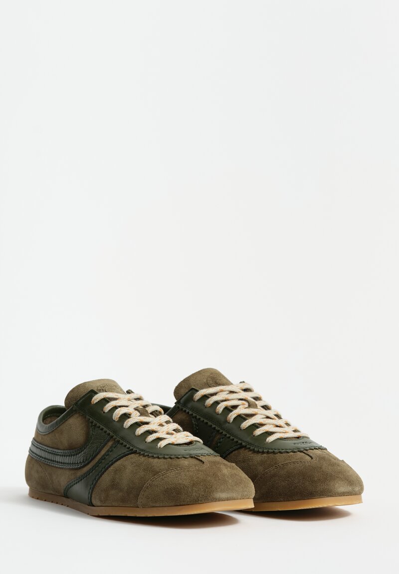 Dries Van Noten Leather Trimmed Suede Sneakers in Olive Green	