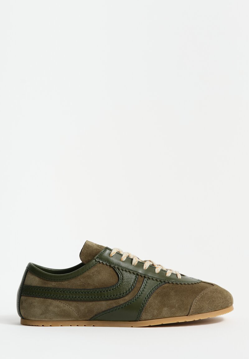 Dries Van Noten Leather Trimmed Suede Sneakers in Olive Green	