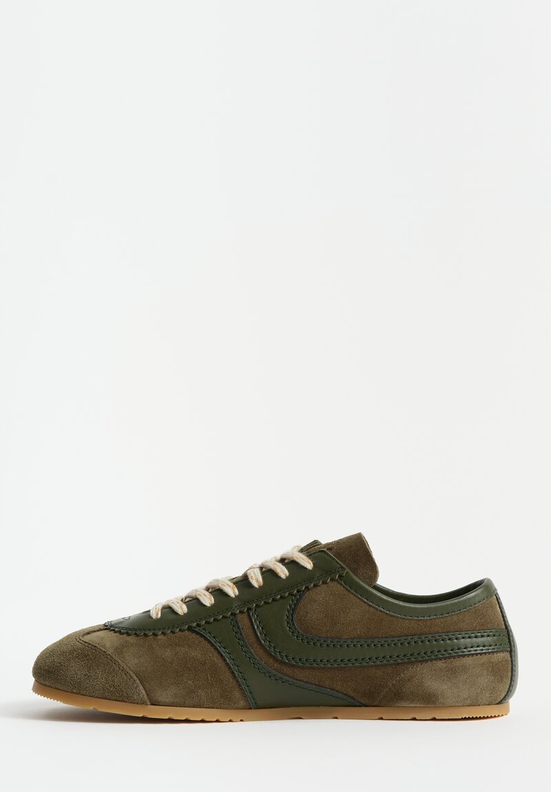 Dries Van Noten Leather Trimmed Suede Sneakers in Olive Green	