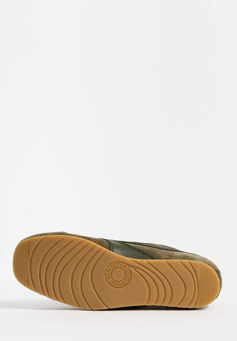 Dries Van Noten Leather Trimmed Suede Sneakers in Olive Green	