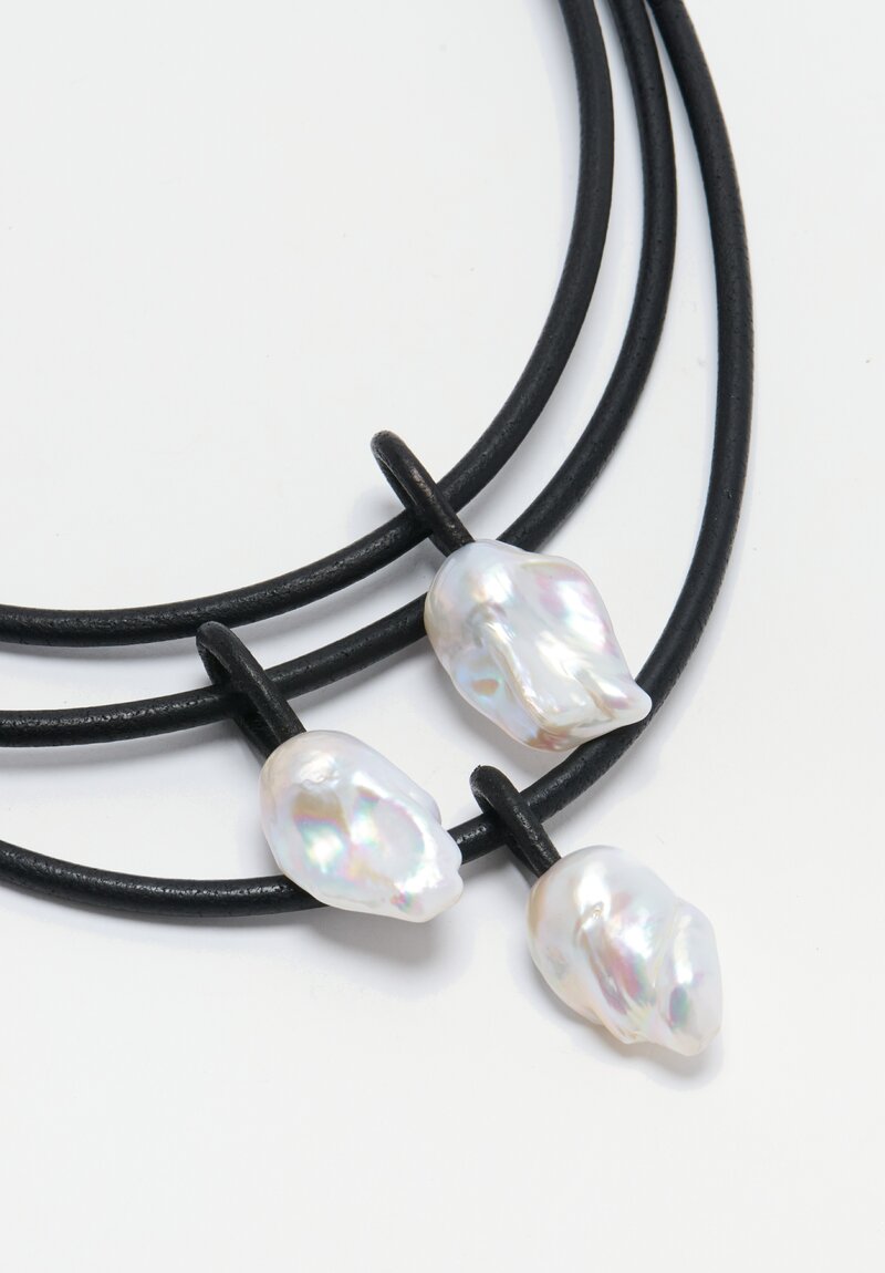 Monies 3 Baroque Pearl Drop Necklace Leather, Bog Oak	