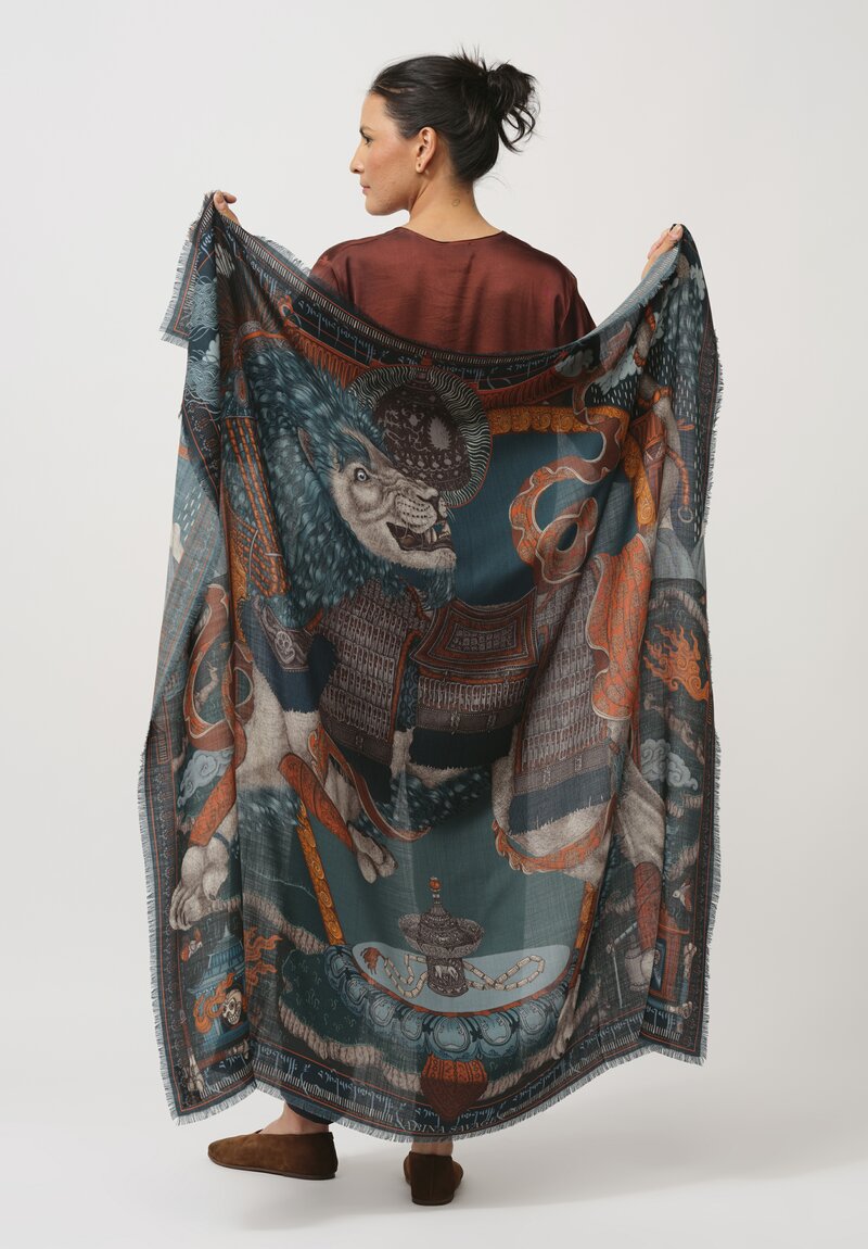 Sabina Savage Wool and Silk The Snow Lion Scarf in Turquoise Blue & Saffron	