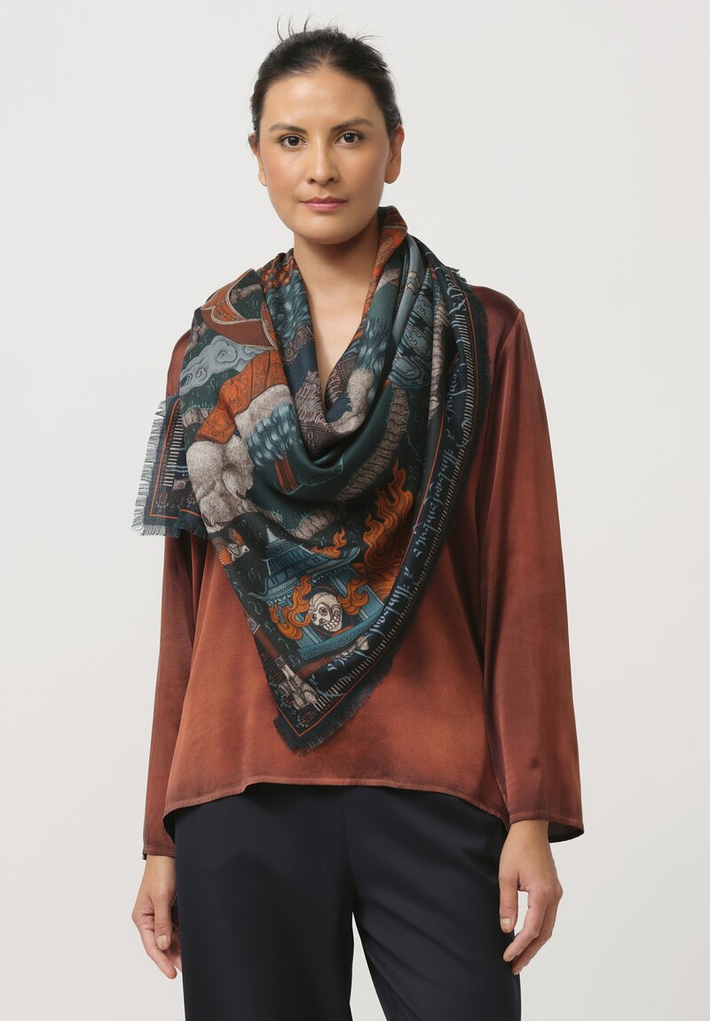 Sabina Savage Wool and Silk The Snow Lion Scarf in Turquoise Blue & Saffron	