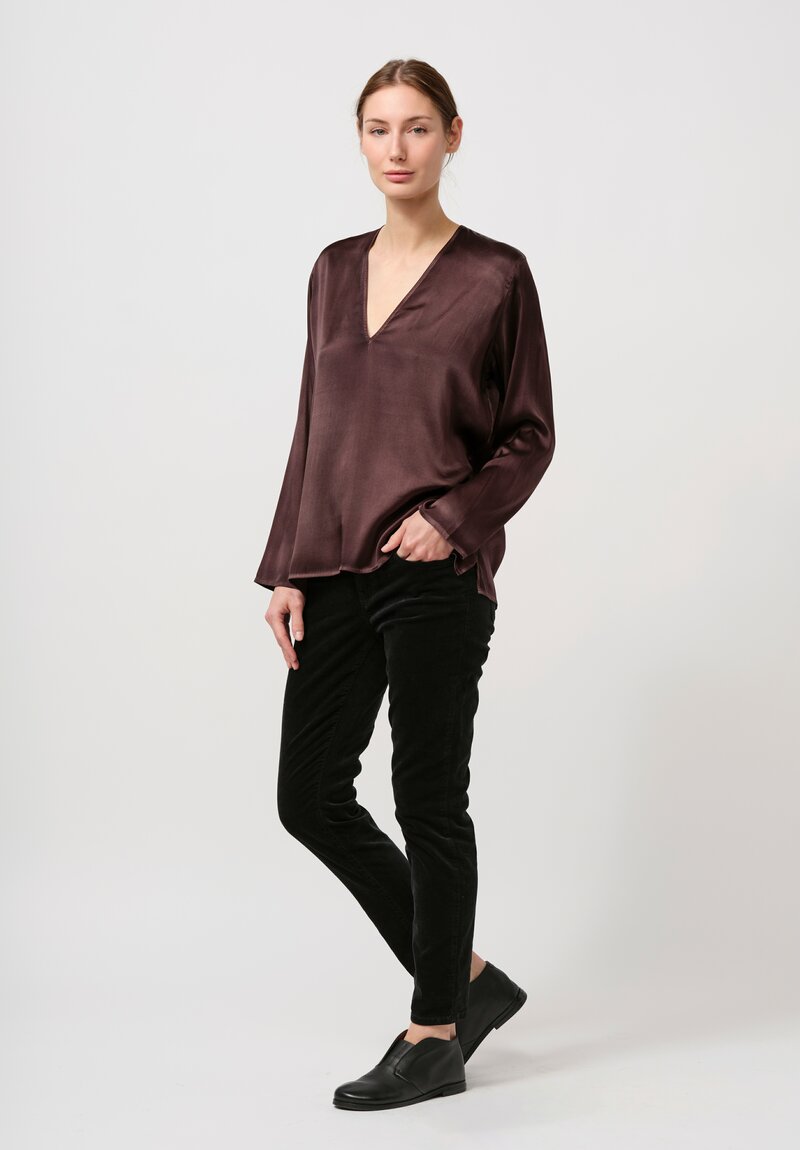 Avant Toi Hand-Painted Silk V-Neck Barchetta Top in Nero Carruba Brown	