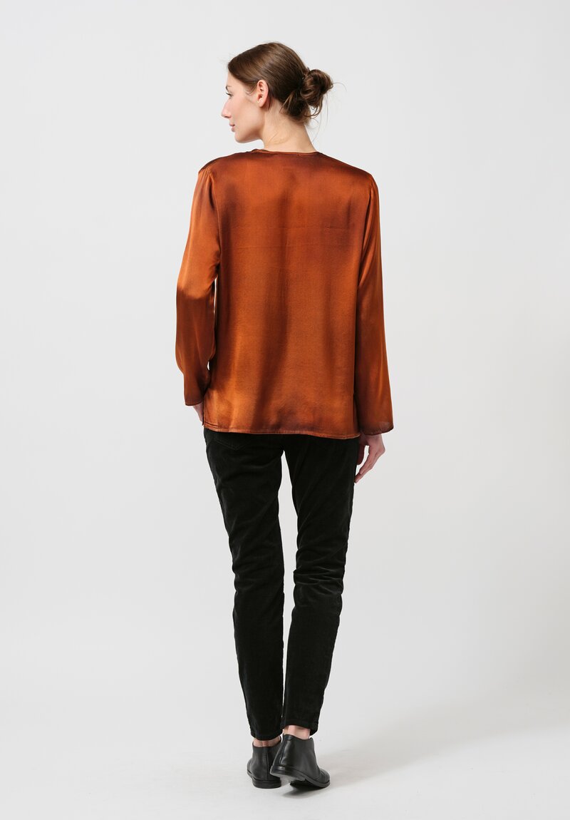 Avant Toi Hand-Painted Silk V-Neck Barchetta Top in Nero Ambra Orange	