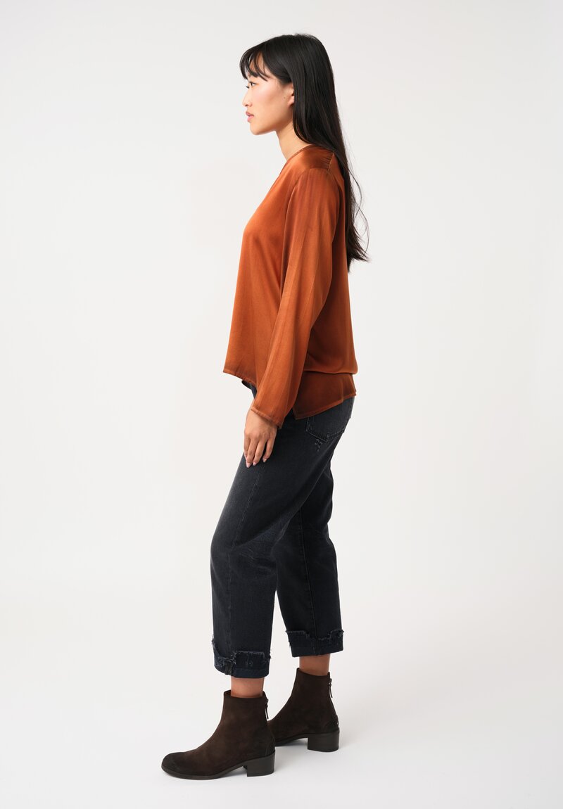 Avant Toi Silk Hand-Painted V-Neck Barchetta Top in Nero & Ambra Orange