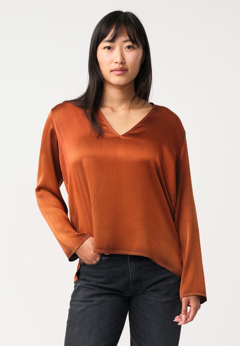 Avant Toi Silk Hand-Painted V-Neck Barchetta Top in Nero & Ambra Orange