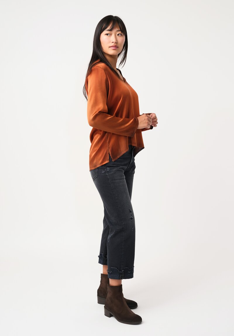 Avant Toi Silk Hand-Painted V-Neck Barchetta Top in Nero & Ambra Orange