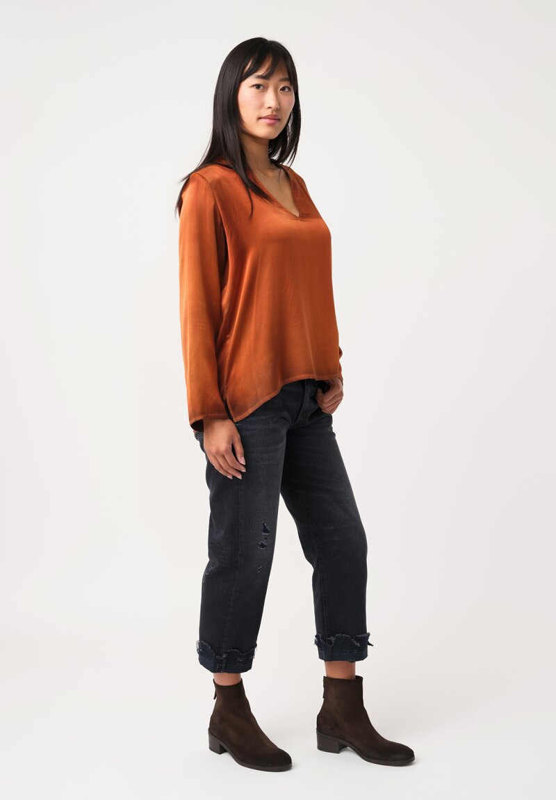 Avant Toi Silk Hand-Painted V-Neck Barchetta Top in Nero & Ambra Orange