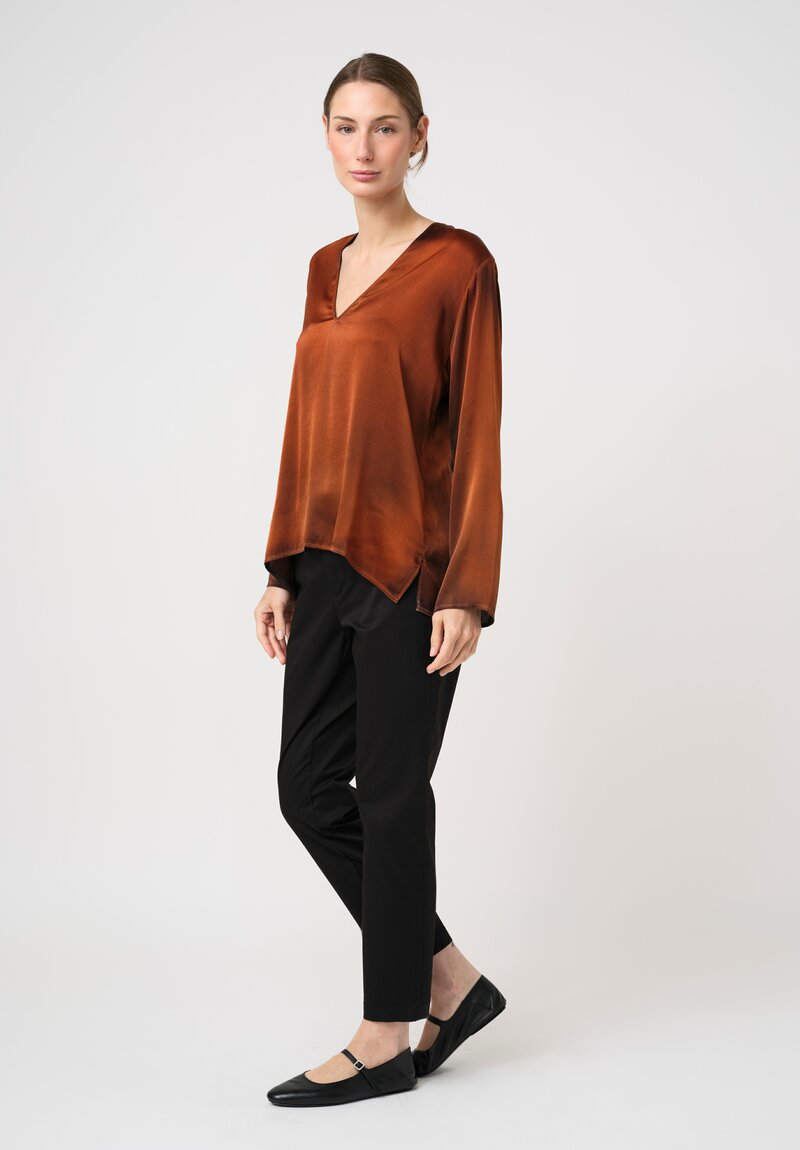 Avant Toi Silk Hand-Painted V-Neck Barchetta Top in Nero & Ambra Orange