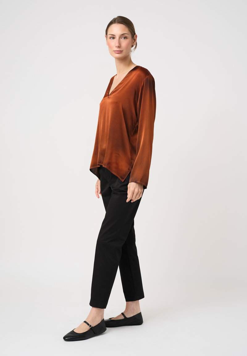 Avant Toi Silk Hand-Painted V-Neck Barchetta Top in Nero & Ambra Orange