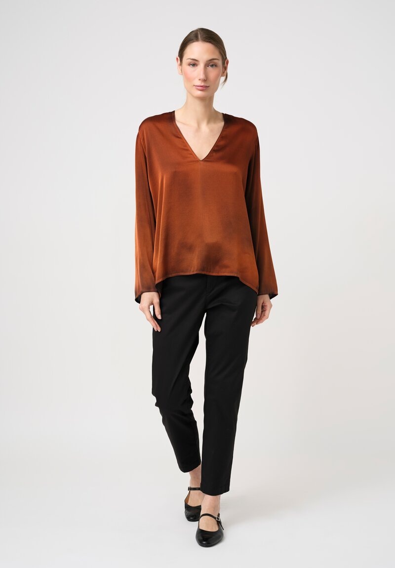 Avant Toi Silk Hand-Painted V-Neck Barchetta Top in Nero & Ambra Orange
